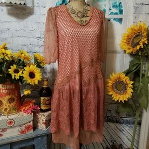 🦋SILK&LACE BOHO ROMANCE LAYERED SHIFT DRESS SMALL